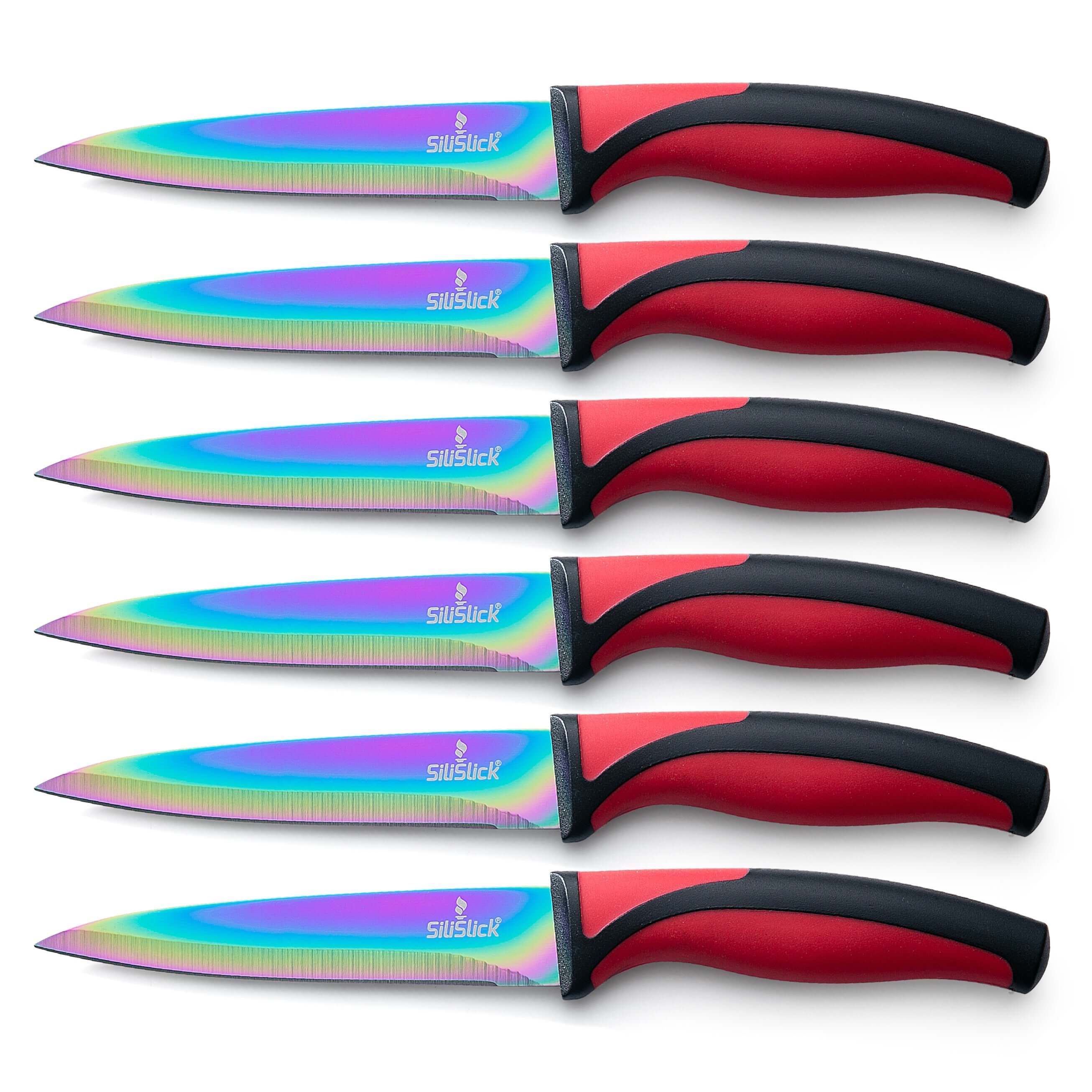 Steak Knife Set 6 Rainbow Titanium Coated Blades & Red Handles