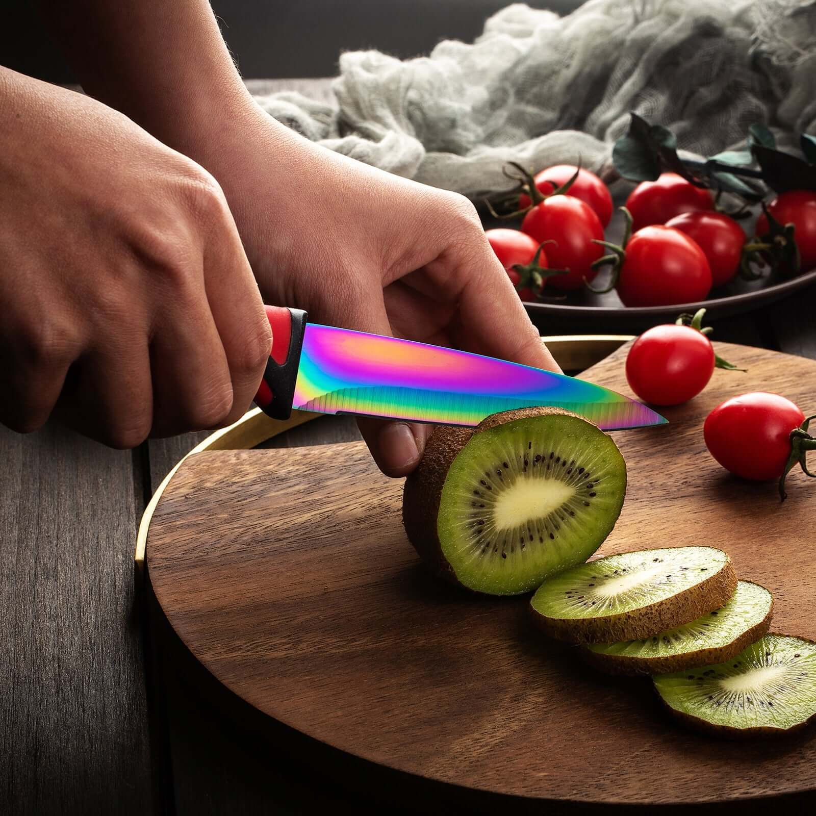 Steak Knife Set 6 Rainbow Titanium Coated Blades & Red Handles